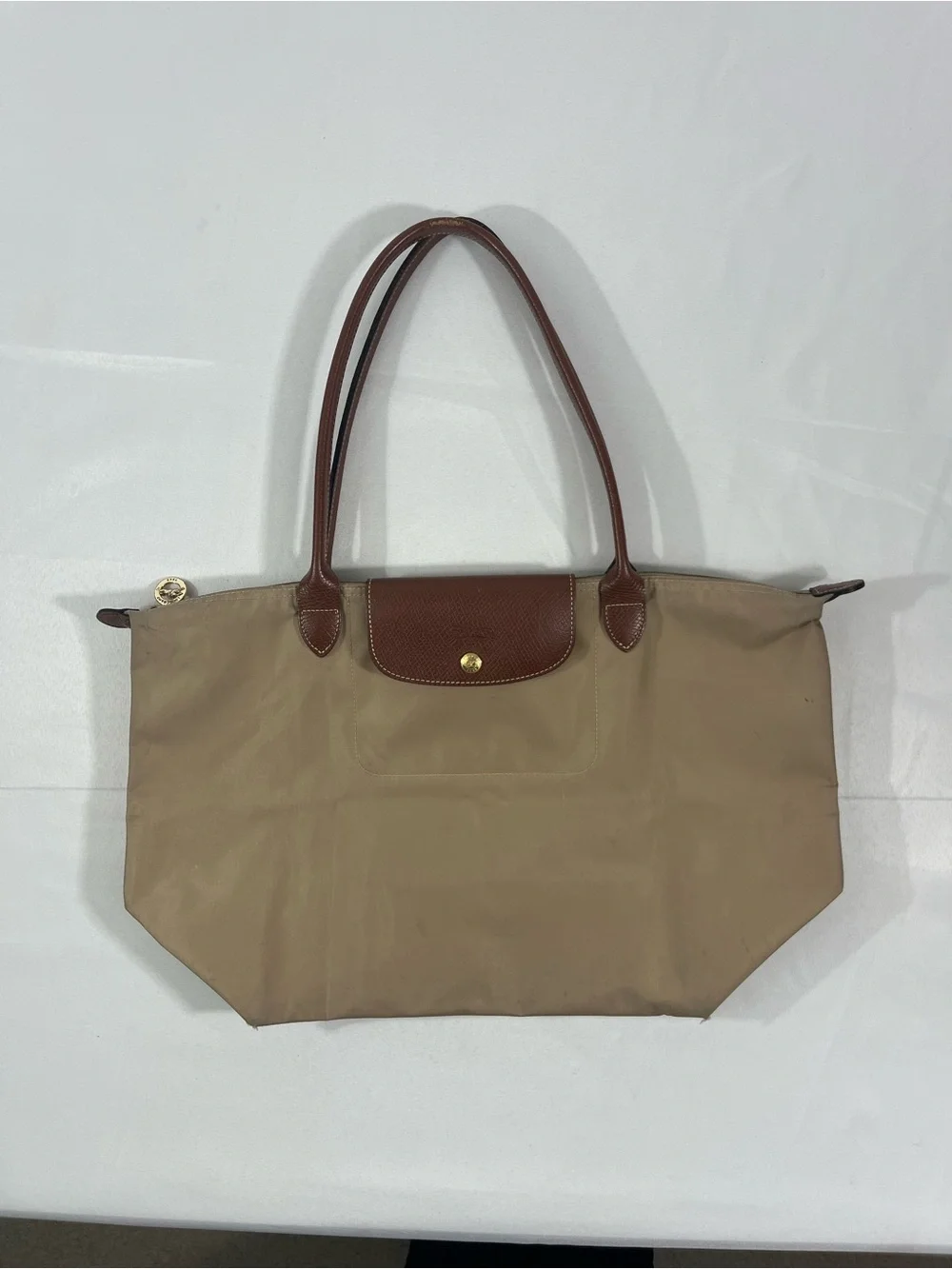 Longchamp Large Tote - Tan Nylon, Brown Leather - Packable - Fair Condition